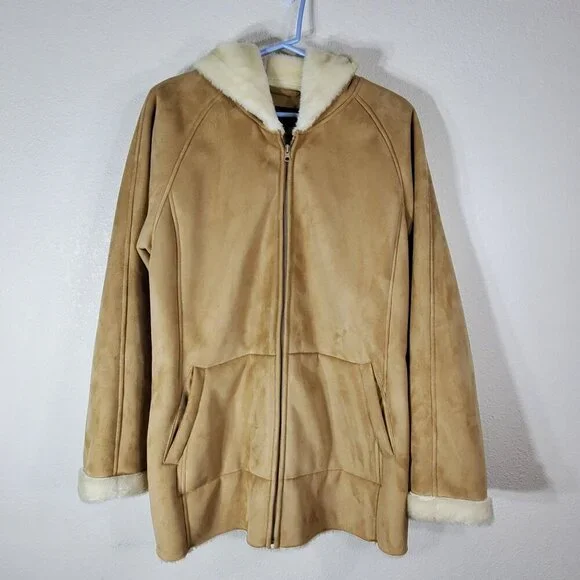 Relativity Womens  XL Tan Faux Suede Sherpa Lined Hooded Coat - Picture 8 of 9